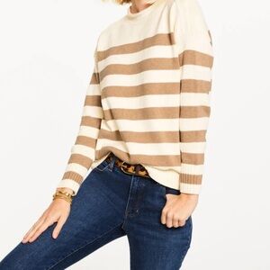 TALBOTS THE CLASSIC ROLL NECK SWEATER - STRIPED CREAM & TAN SIZE PETITE SMALL